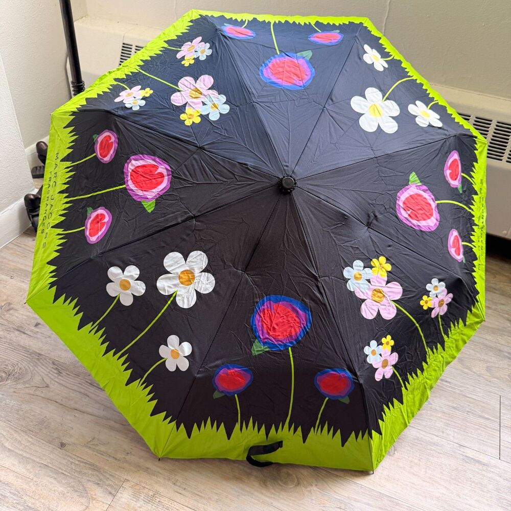 Marc Jacobs Floral Pocket Travel Umbrella Black Green Designer Compact Rain